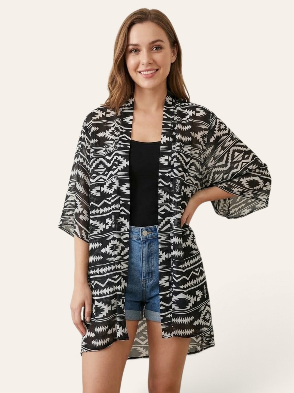 Zac & Rachel Black and White Aztec Sheer Kimono Shrug